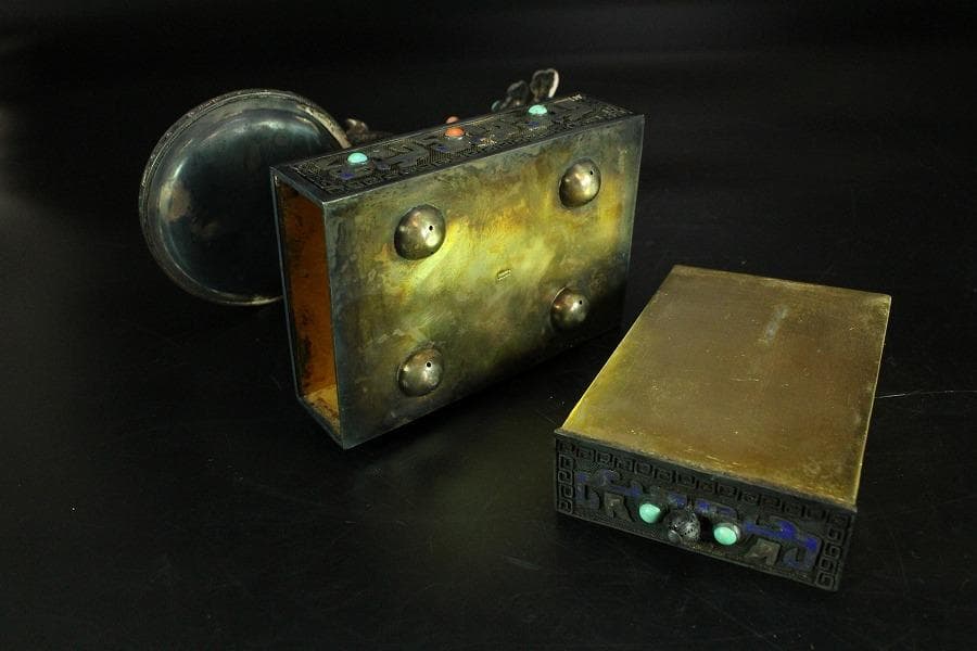 銀七宝 鳳 和田玉 白玉刻花鳥 宝石 珊瑚 象嵌 花鳥 饕餮(K-A156)