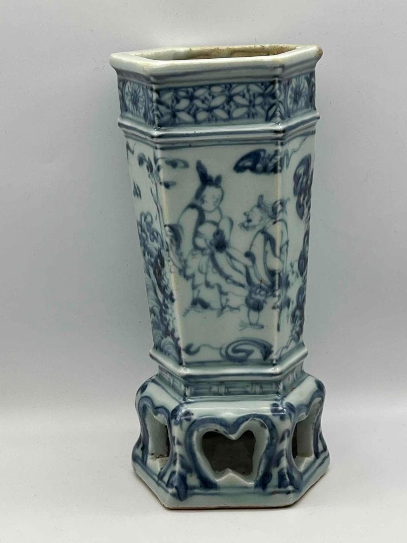 明時代　染付 青花仙人文塔型筆筒 白磁 文房具 名品珍品　香炉 (C-48)