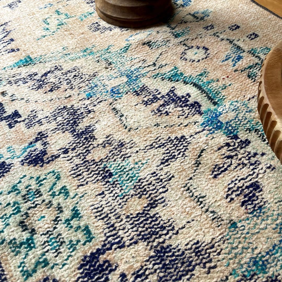 99×222 ペールベージュ×ブルー　メダリオン　擦れトルコヴィンテージラグ