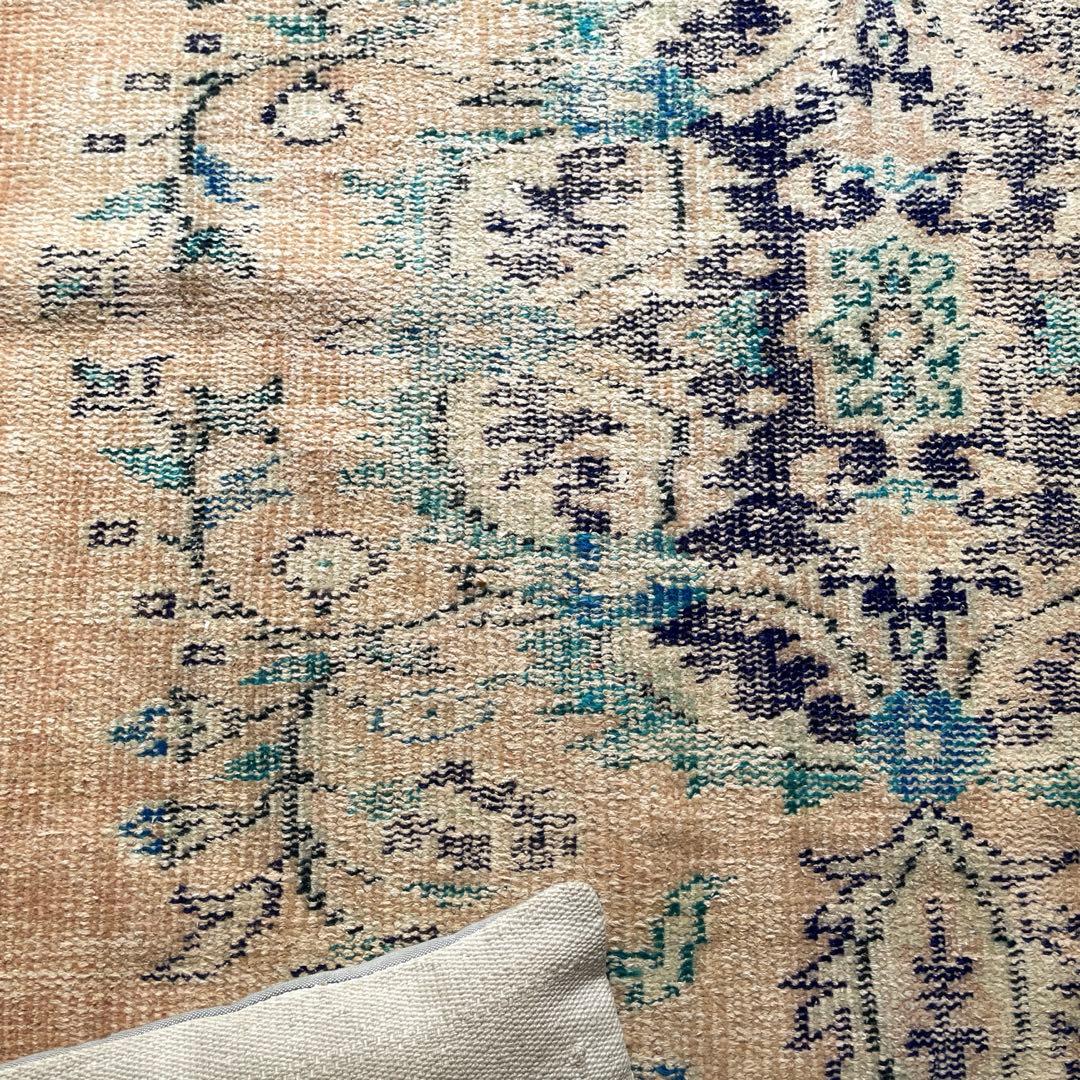99×222 ペールベージュ×ブルー　メダリオン　擦れトルコヴィンテージラグ