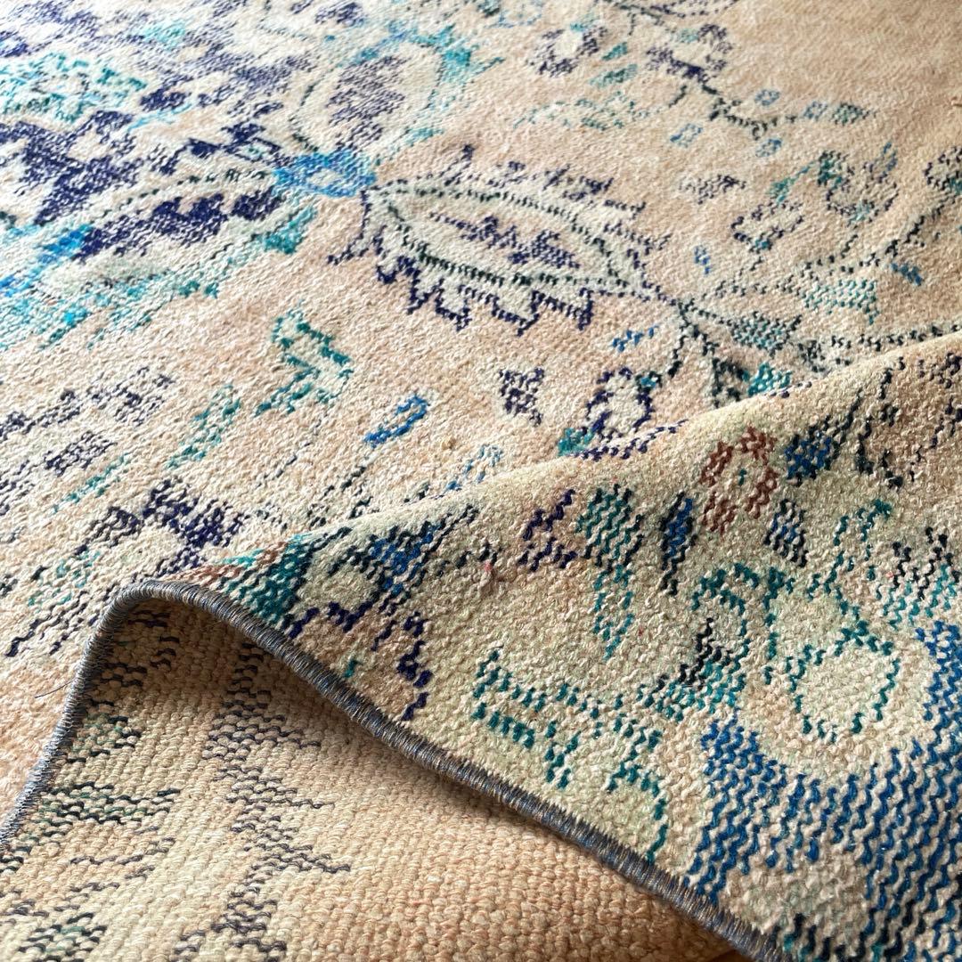 99×222 ペールベージュ×ブルー　メダリオン　擦れトルコヴィンテージラグ