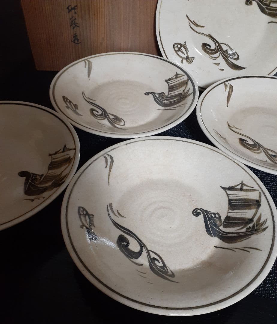 【真作保証❗️】【三代三浦竹泉】造　画　高麗　帆掛け舟に魚の図　皿　菓子皿　5客