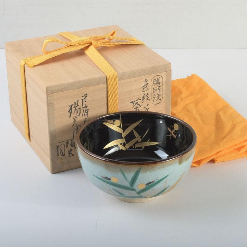 茶道具　膳所焼　陽炎園造　淡海ぜぜ　色絵　芦に蛍　茶碗　共箱　C　9481