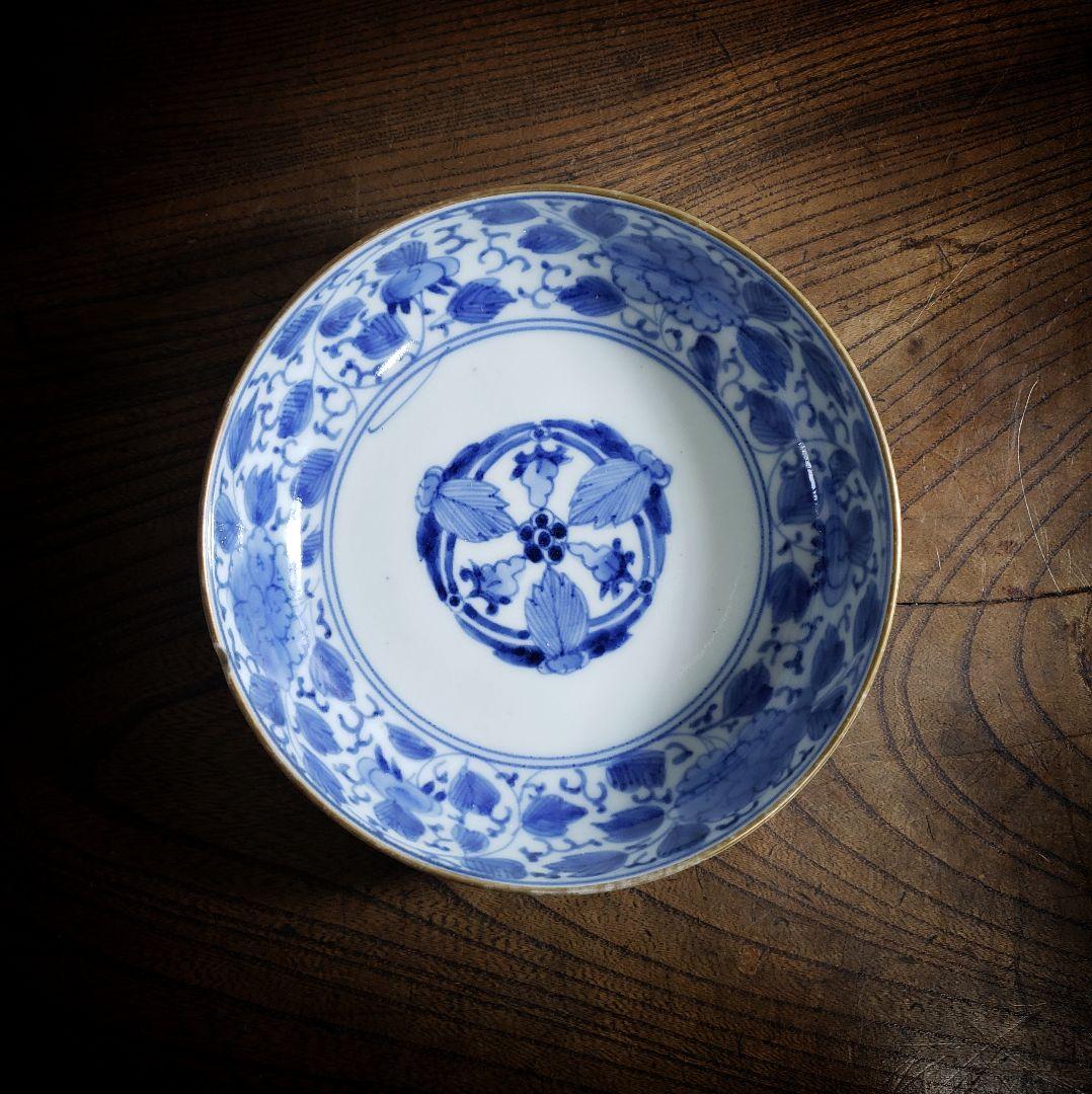 なます皿　古伊万里　染付　江戸　花唐草　五弁花　蛇の目　渦福　ロ号　訳あり