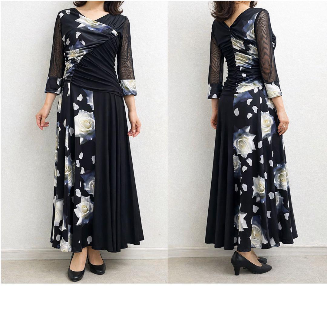 新品 社交ダンス ワンピース ブラック バラ柄　プリント サイズML