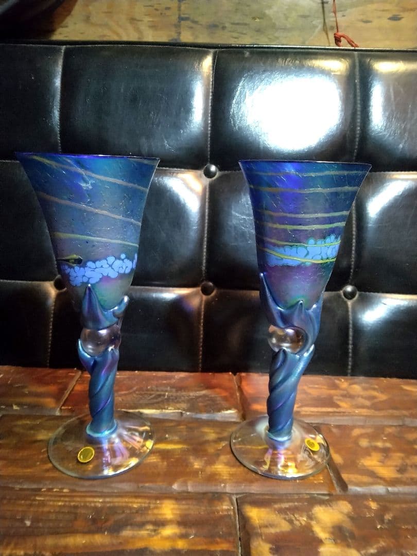 一点物　コリン・ヒーニー　ゴブレット　2個　アート　グラス　吹きガラス　サイン