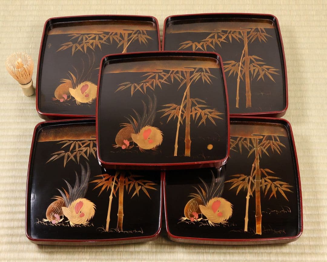 木製漆器 竹鶏蒔絵 吸物膳 五客 溜塗 黒塗 足付 四方膳 茶懐石 CM387