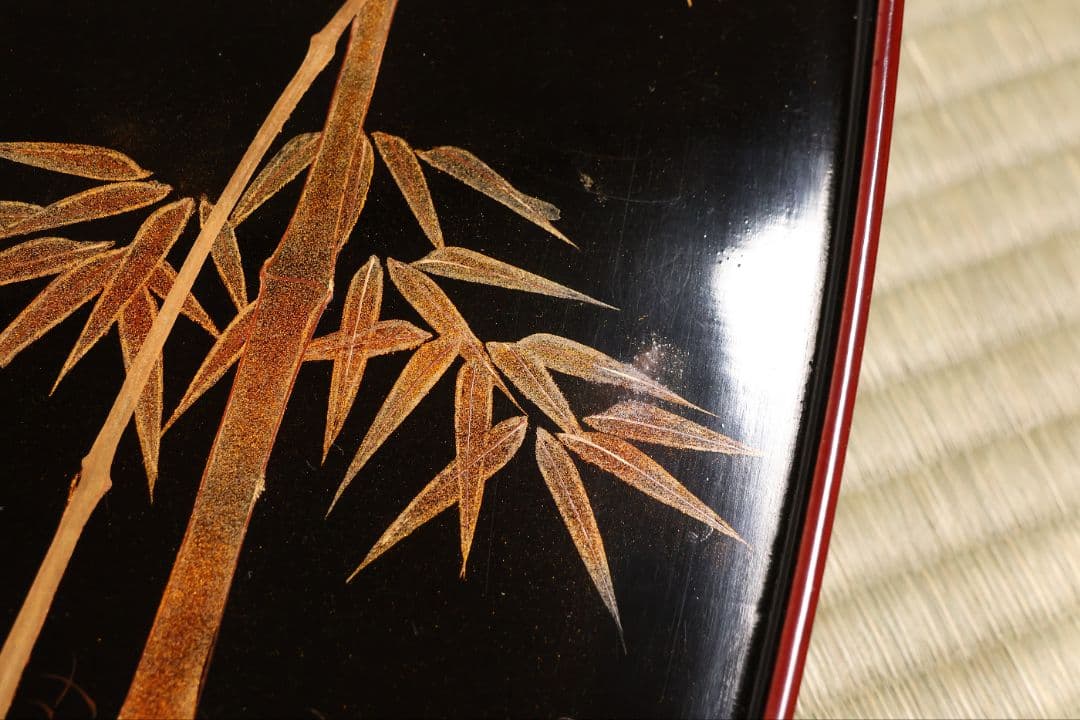 木製漆器 竹鶏蒔絵 吸物膳 五客 溜塗 黒塗 足付 四方膳 茶懐石 CM387