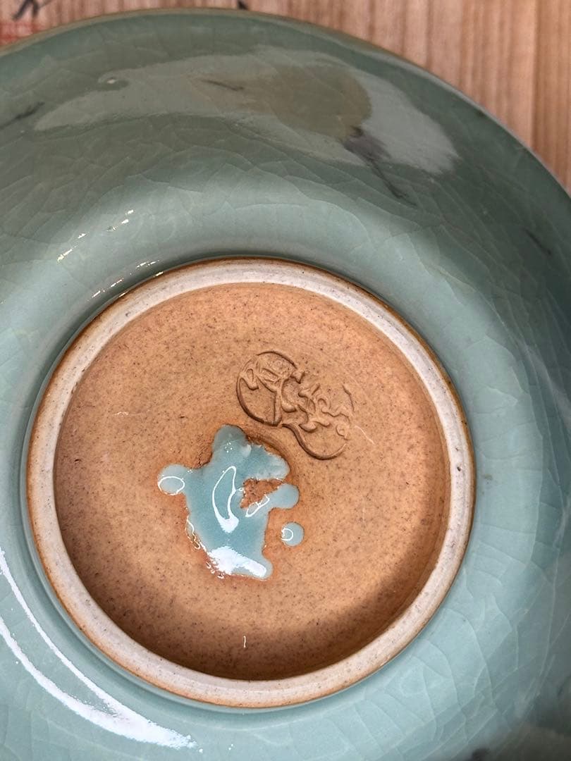 真葛香山造 青瓷 雲鶴文 菓子器 共箱付 茶道具 作家物 名工