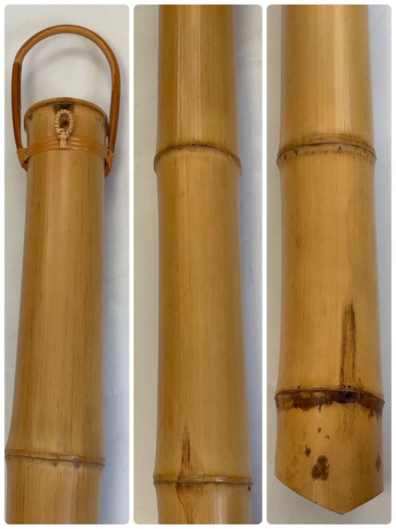 生野徳三 白竹掛筒華入 白竹歌華筒 内朱塗 華入れ 全長約136㎝ -483-