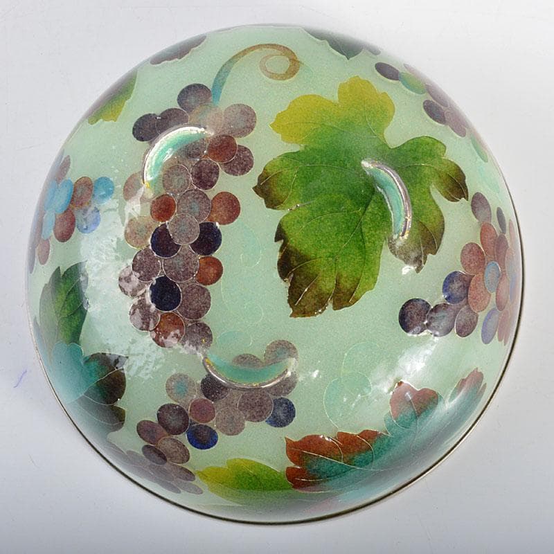 工芸ガラス　銅覆輪　葡萄文　鉢　唐木台付　時代箱付　H　R4332