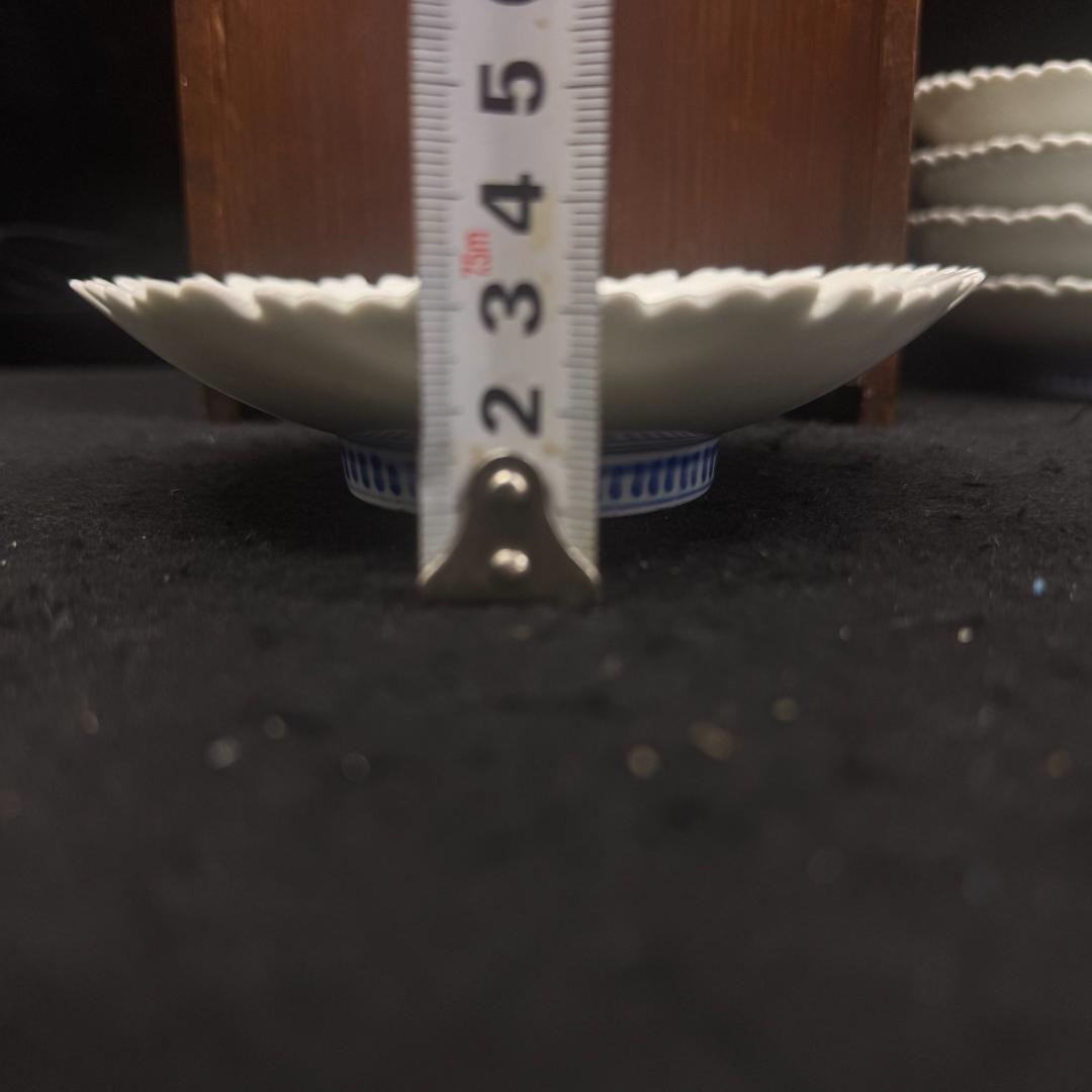 古平戸焼 染付 牡丹花形蝶文皿5客 時代箱付 江戸後期 平戸御用窯 古伊万里