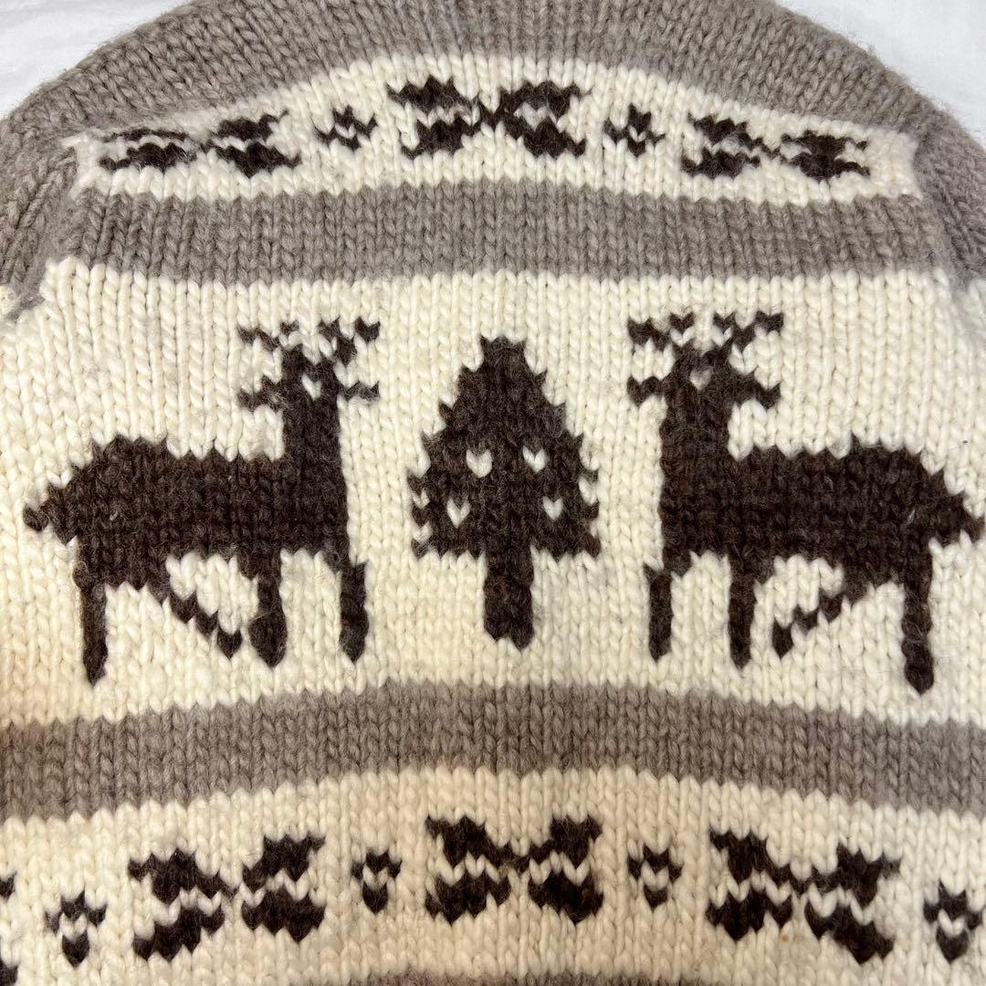 カナダ製 カウチンニット L相当 トナカイ柄 貝ボタン 手編み 肉厚 アメカジ