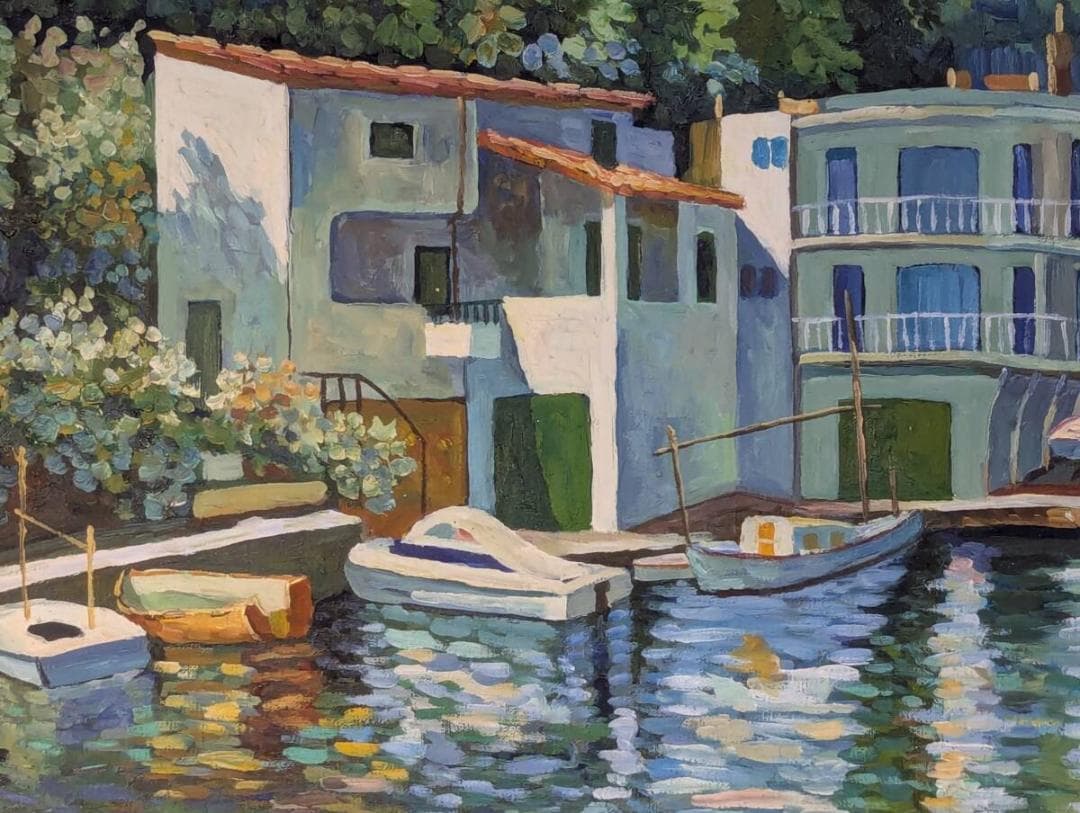 【真作】絵画　ミスフェルト　油彩　釣り人の家の前　印象派風風景画　Z75