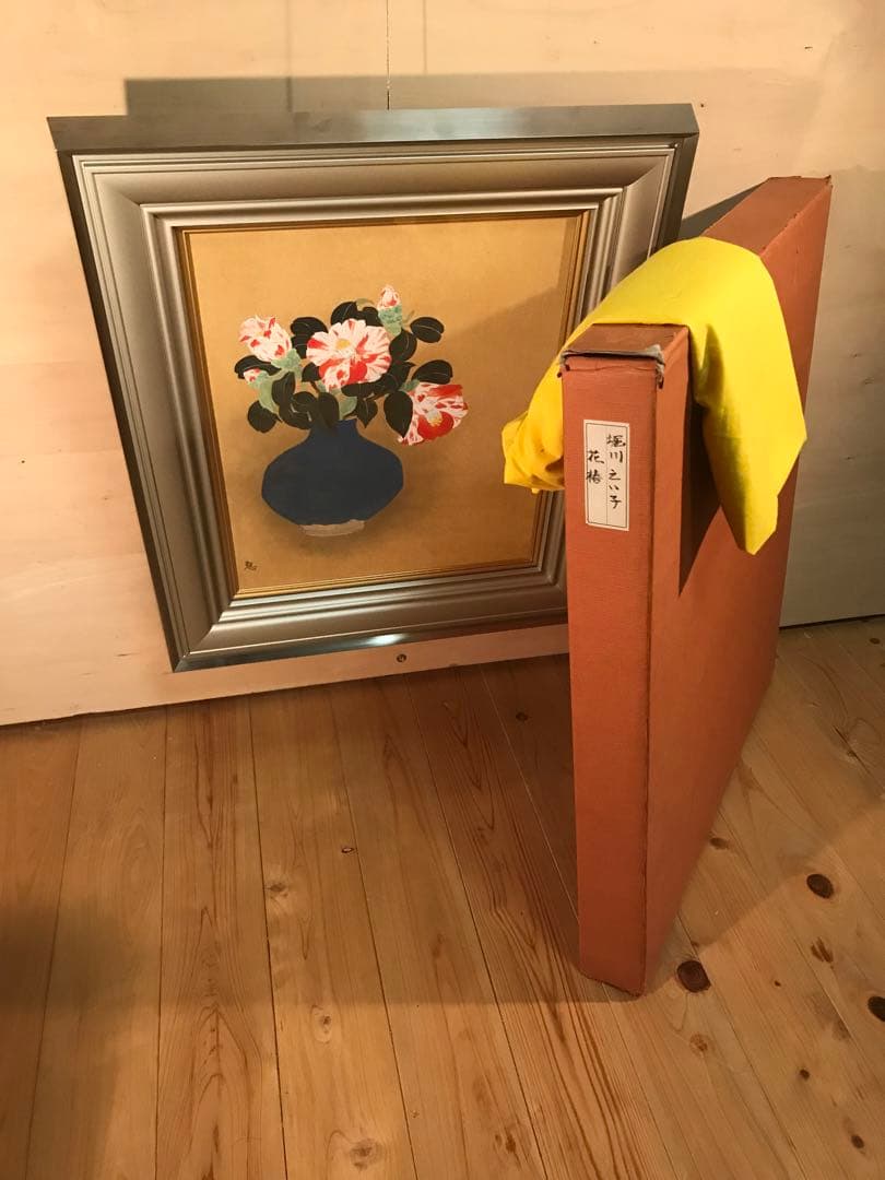 堀川えい子　「花椿」　日本画Ｆ８号　直筆サイン・共シール有り