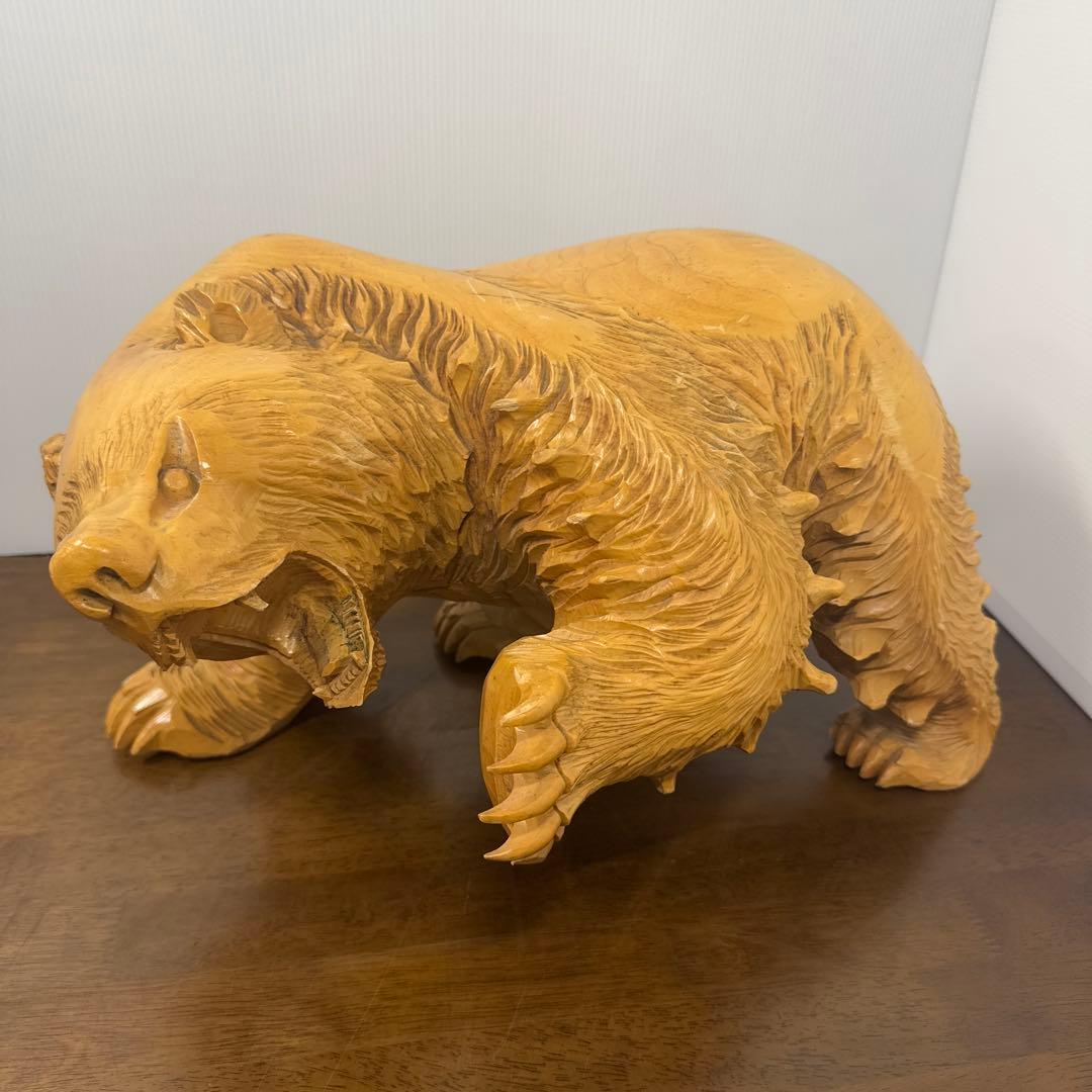 【希少】 木彫り 熊 一刀彫 怒り熊 置物 全長約40cm 工芸品