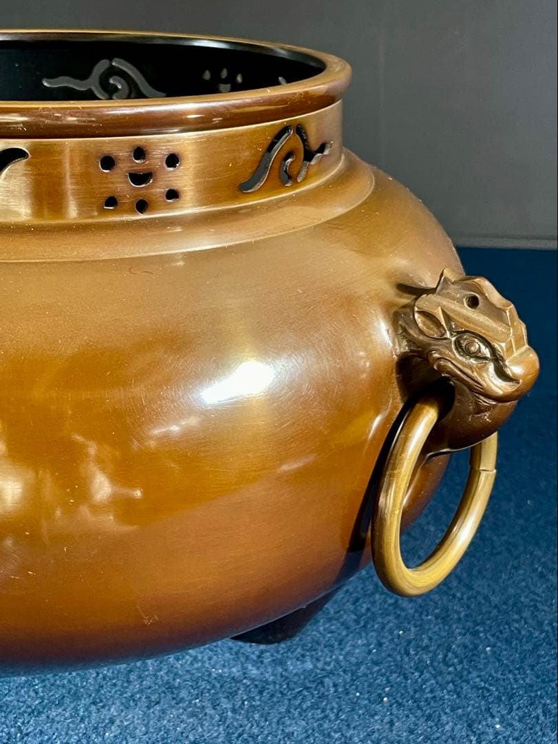 割引❣️【美品】「祖」 唐銅 鬼面風炉 釜師 莎村 共箱 共布 （1030あ莎）