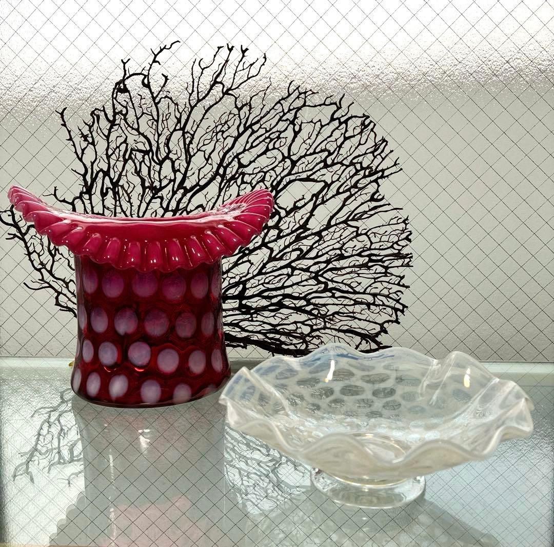 骨董　時代ガラス　フリル　水玉紋　乳白色　オパールセント 氷皿　プレート１客