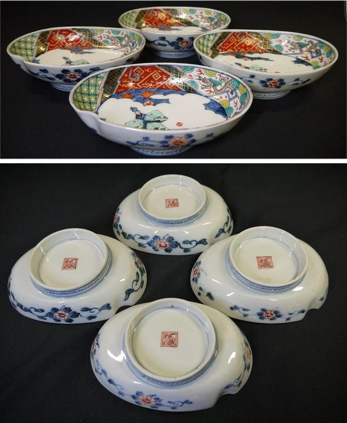 古伊万里色絵 楕円変形深皿　可愛い立ち雛ノ図　４客　お雛様　桃の節句に