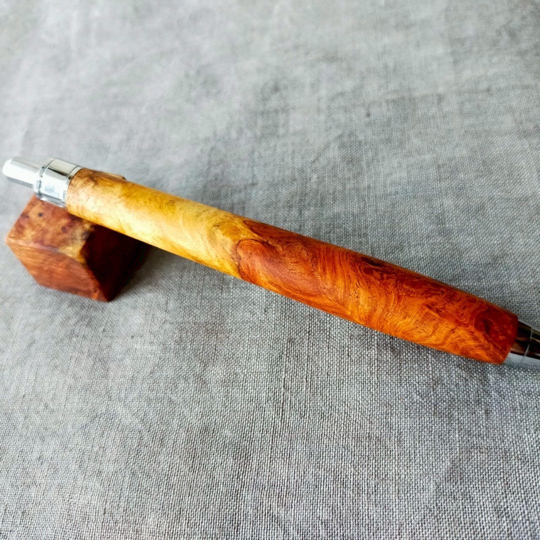 花梨瘤紅白　源平杢　ハンドメイド　木軸シャープペン　0.5mm　天然木　シルバー