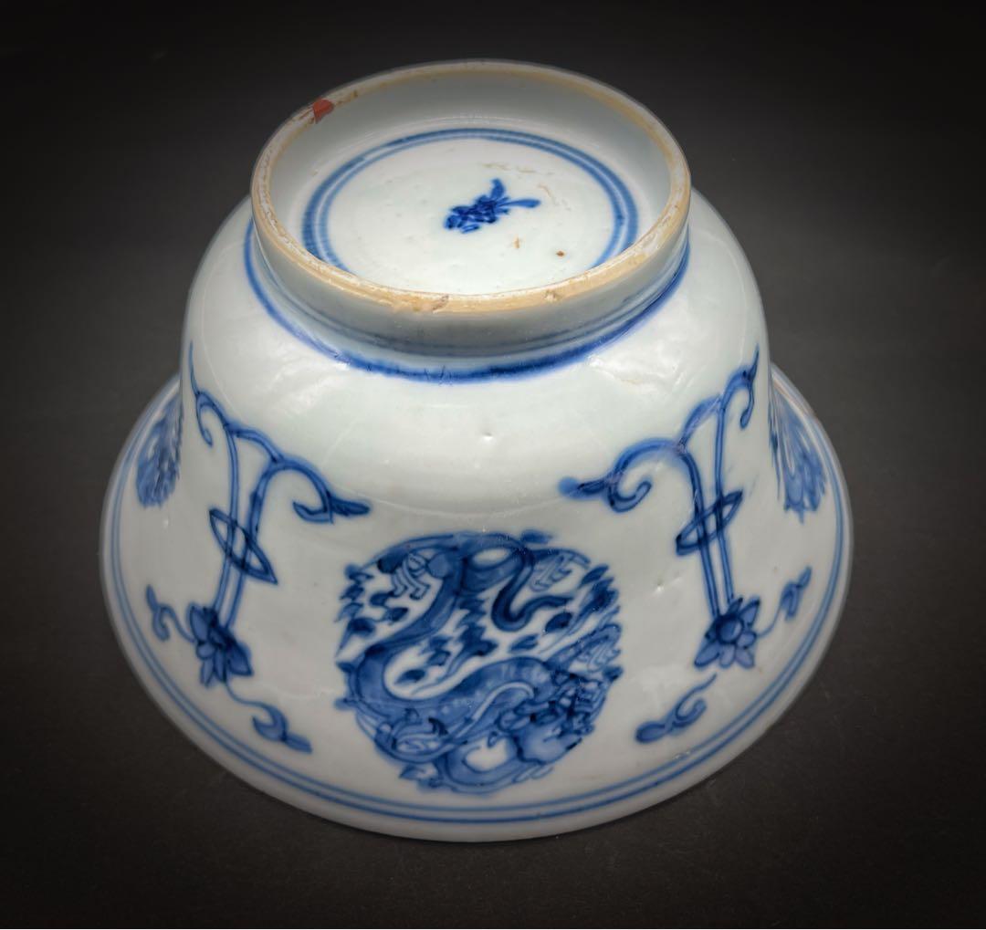 中国美術 古玩 清 康熙 梵文團龍紋青花大碗