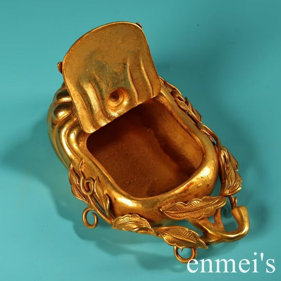 中国古美術・旧蔵鎏金の福瓜型筆洗水洗・純手作り・純銅製・置物・文房具・案頭