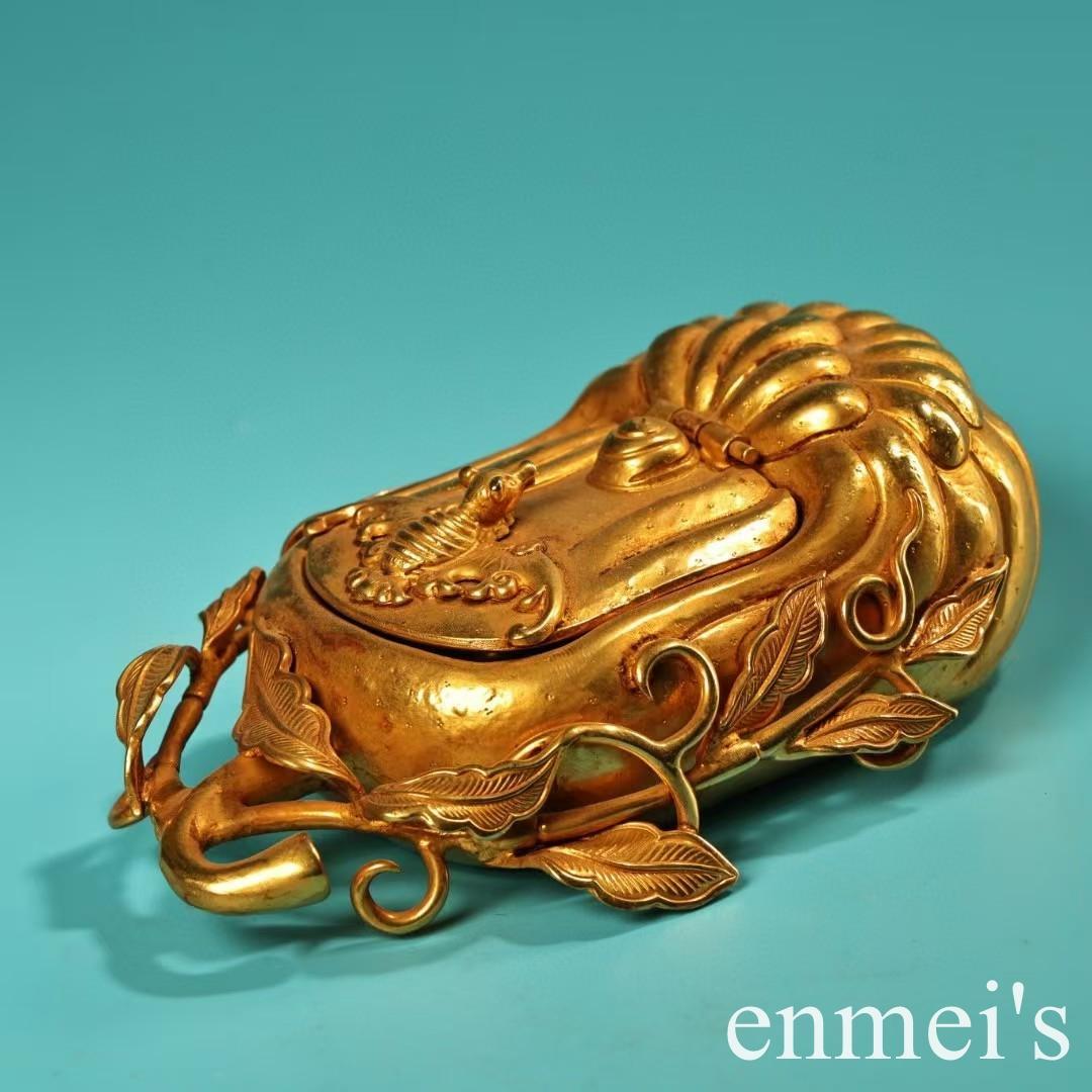 中国古美術・旧蔵鎏金の福瓜型筆洗水洗・純手作り・純銅製・置物・文房具・案頭
