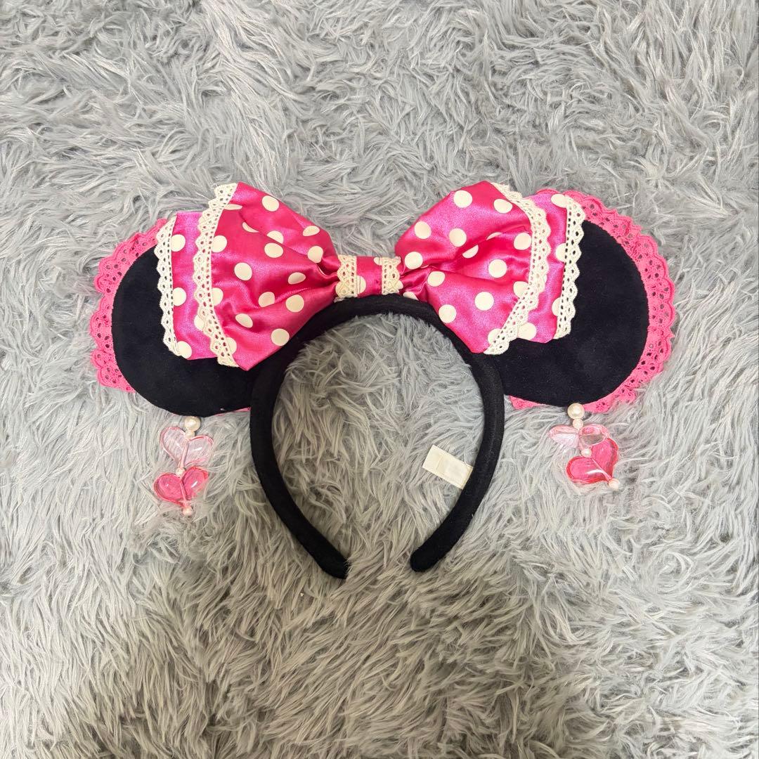 【美品】ミニー カチューシャ 水玉 イヤリング ピンク