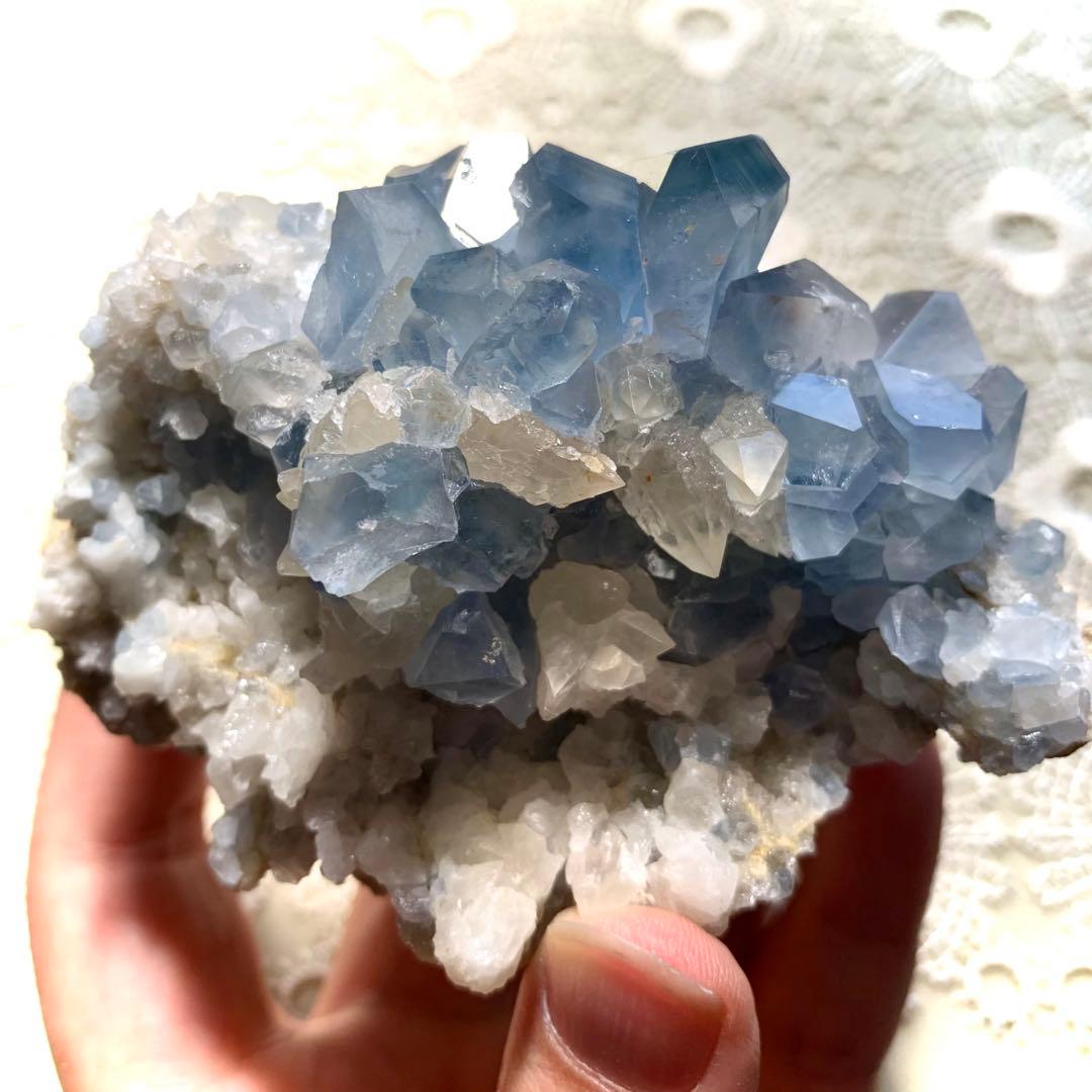 希少！犬牙状カルサイト共生のセレスティン特大クラスター標本