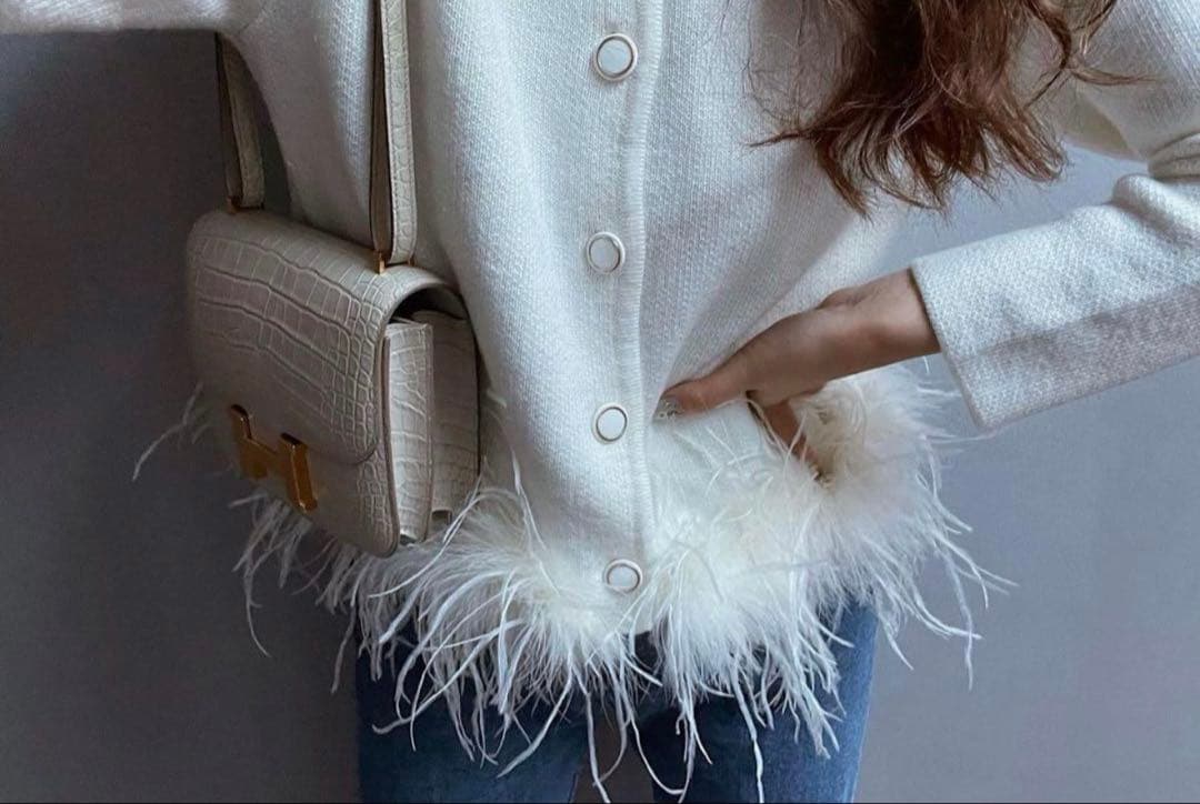 シェリエ sheller フェザーカーディガン　ファー　ニット　ホワイト