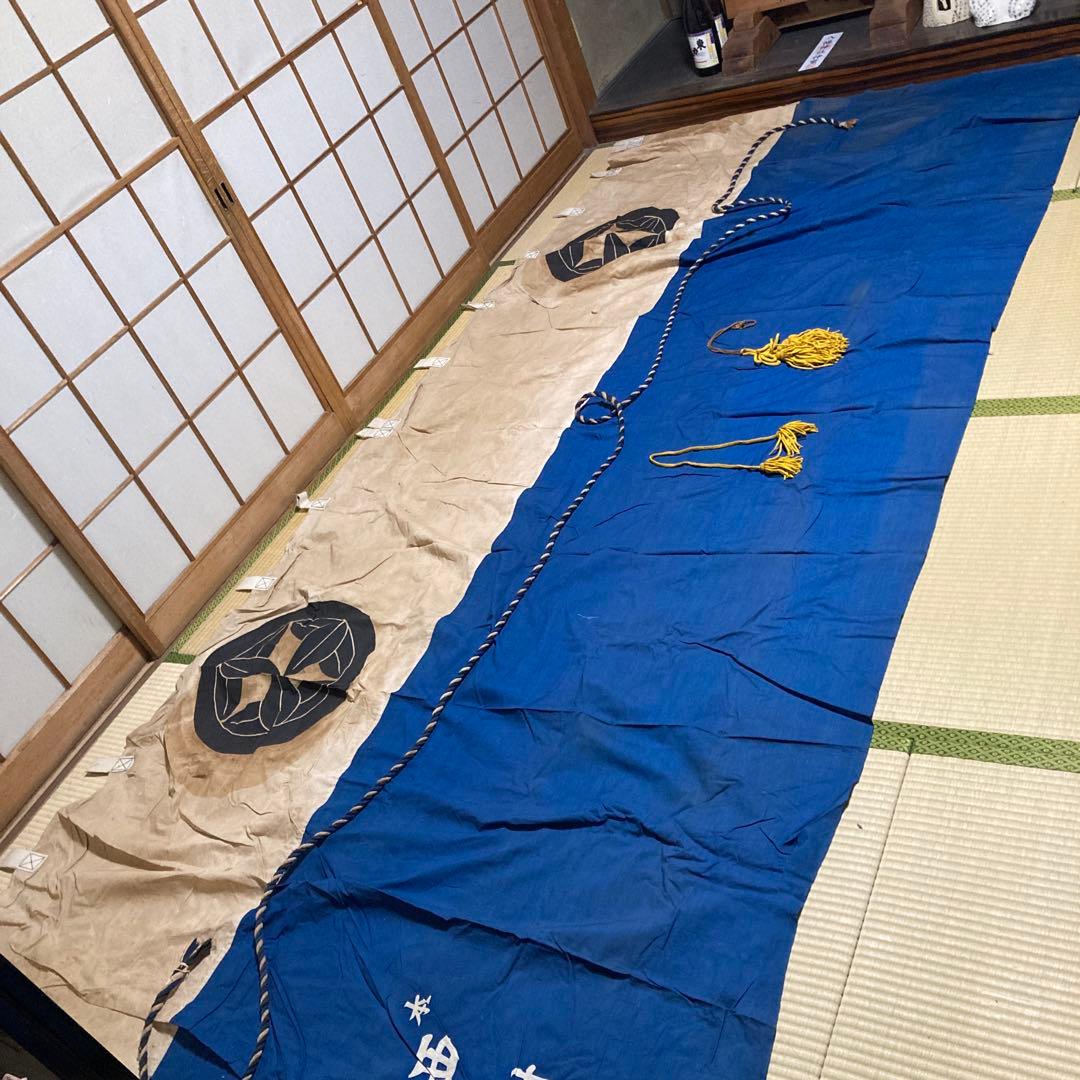 旧家 特大 大のれん 古布 時代物 家紋入り 丸に九枚笹 3m70cm