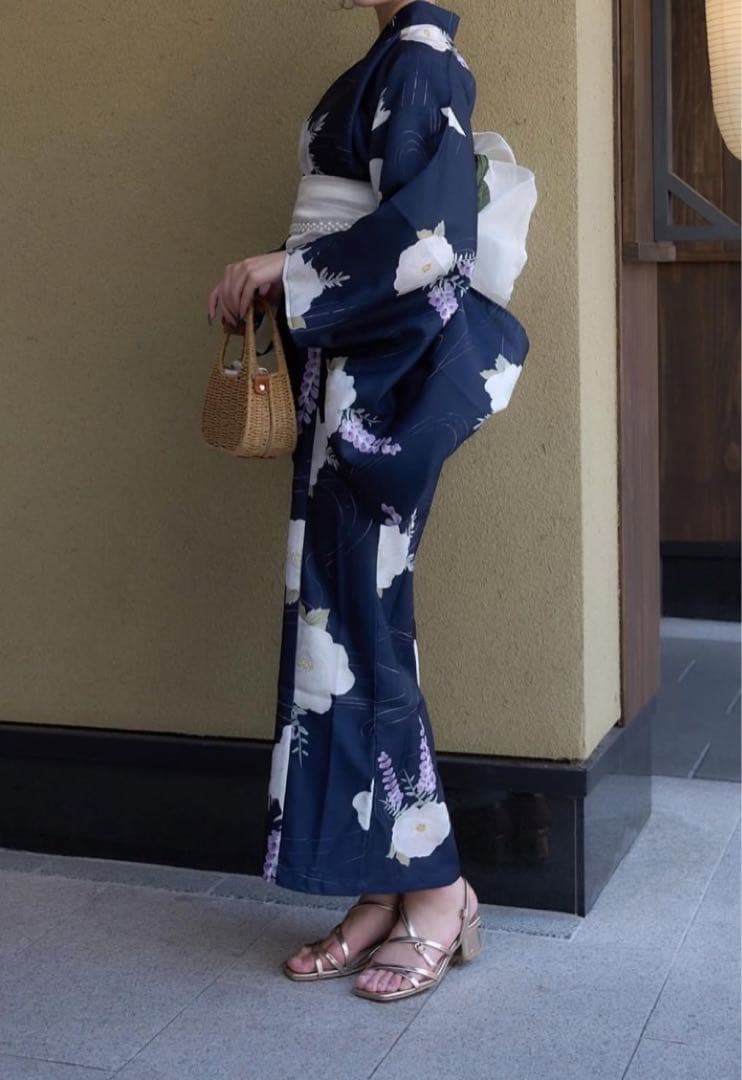 ネイビー花柄浴衣・帯セット