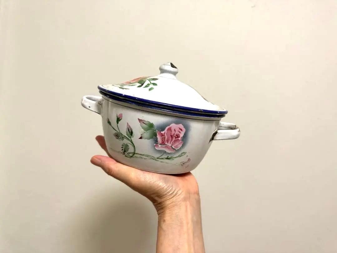 フランスアンティーク 小さなホーローキャセロール 鍋 JAPY 薔薇