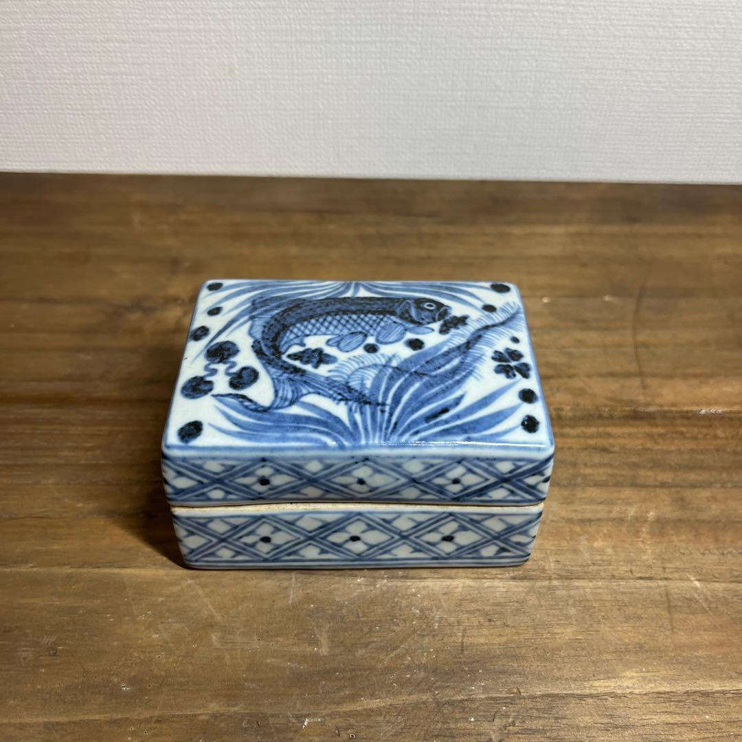 元時代　染付魚藻文香合　元