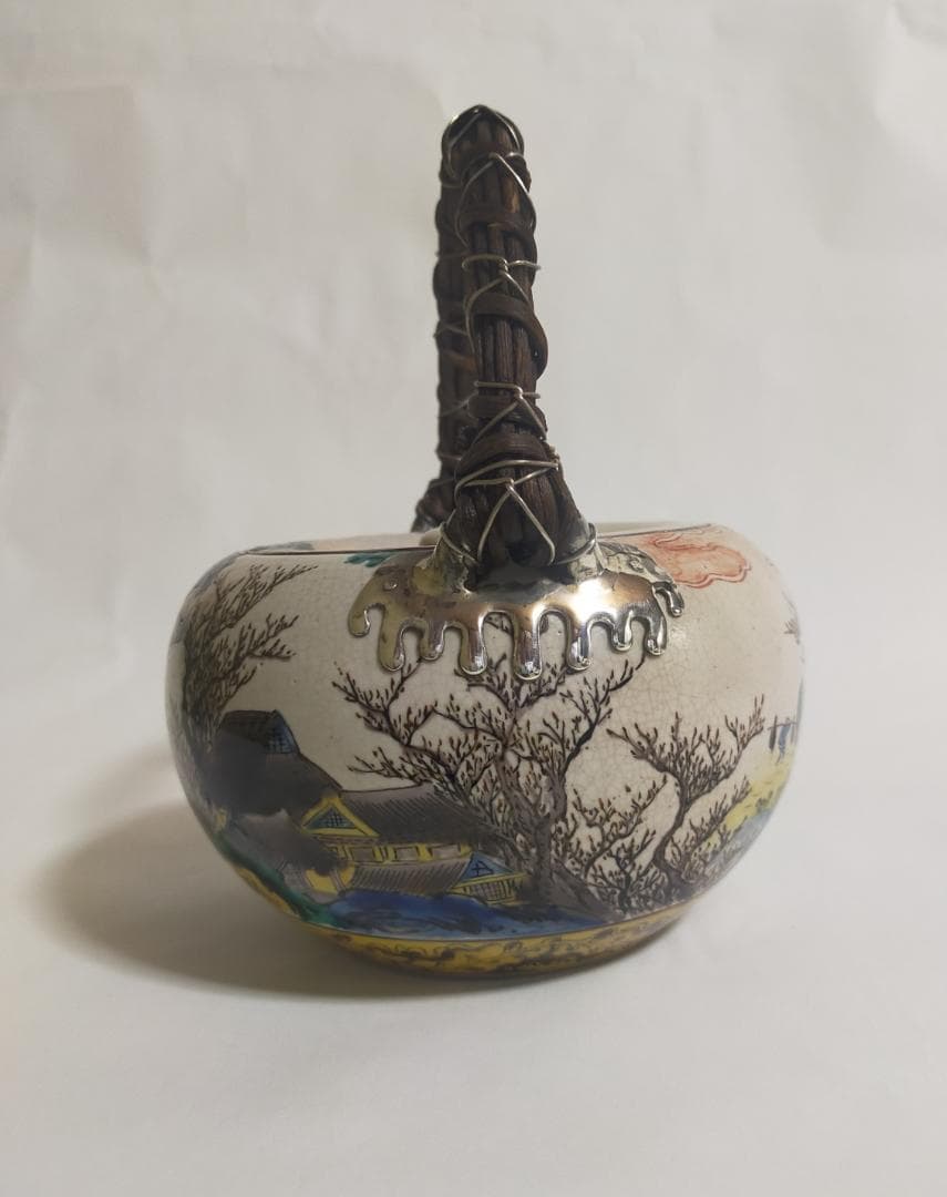 古九谷粟屋窯色絵山系図手付大急須銀の留め金