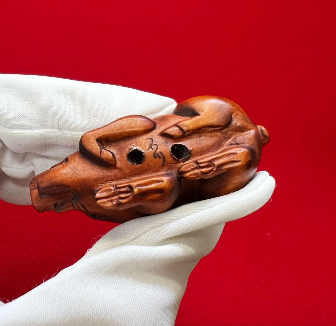 イノシシ 干支亥 木製 提物 根付 石川銘 彫刻 木彫 置物