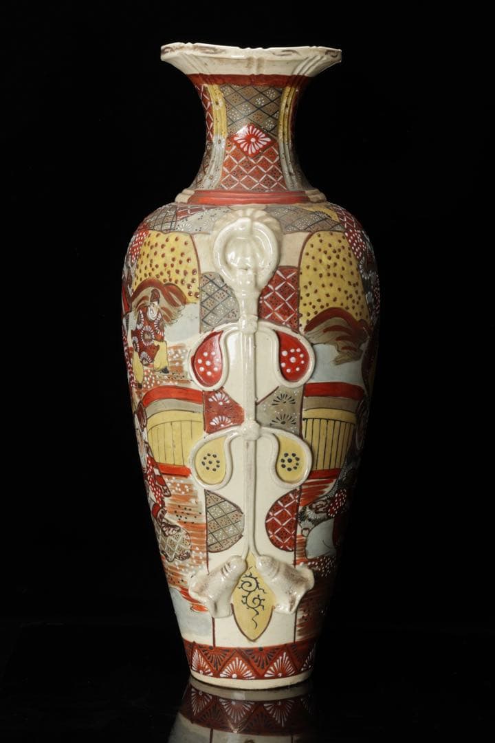 薩摩焼 色絵金彩 武者人物図大花瓶 54㎝ 耳付 飾壺 古美術 骨董品 時代物