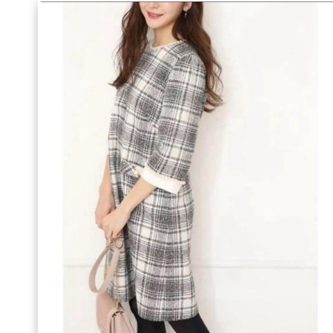 【タグ付】 アプワイザーリッシェ ツイードパールワンピース 7分袖 S チェック