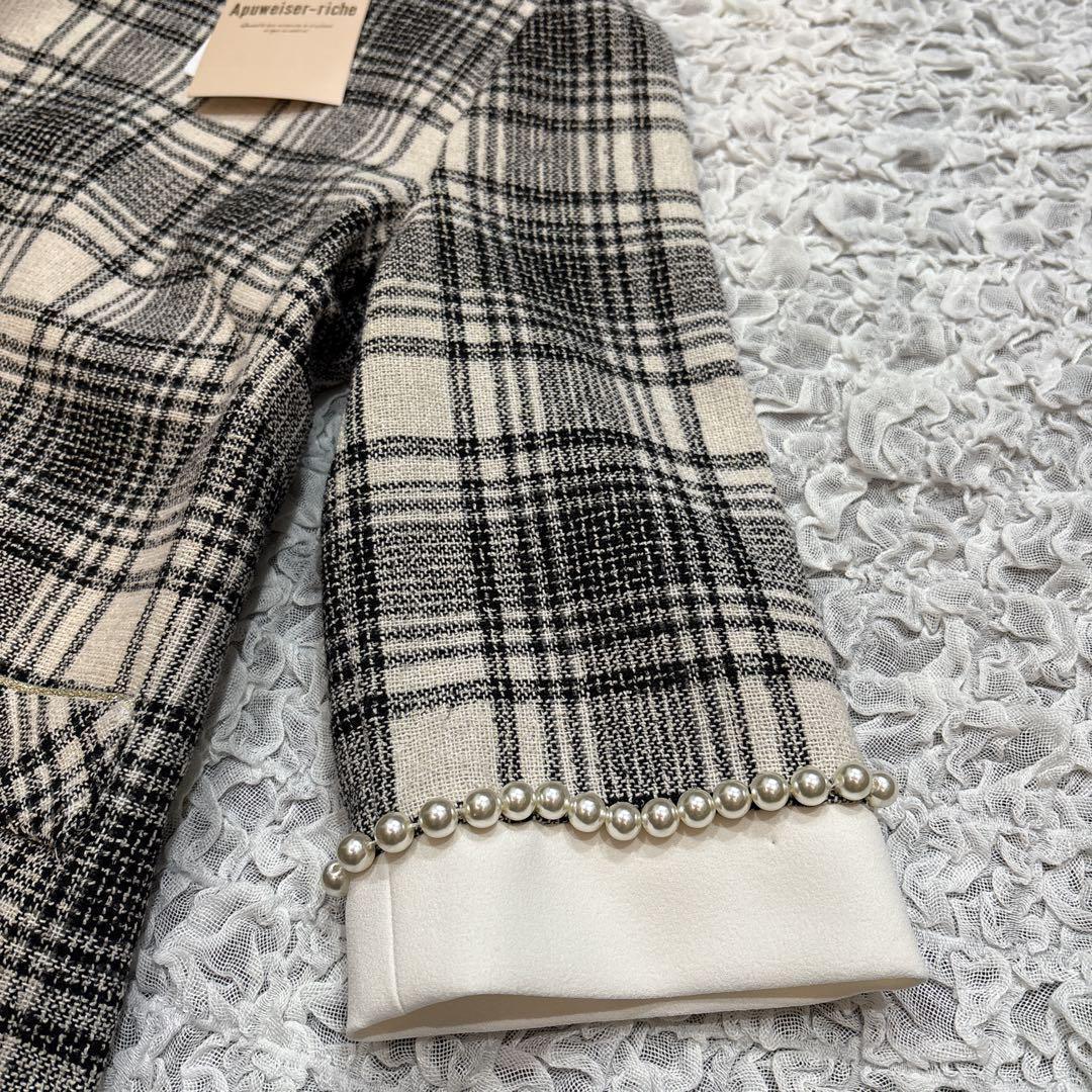 【タグ付】 アプワイザーリッシェ ツイードパールワンピース 7分袖 S チェック