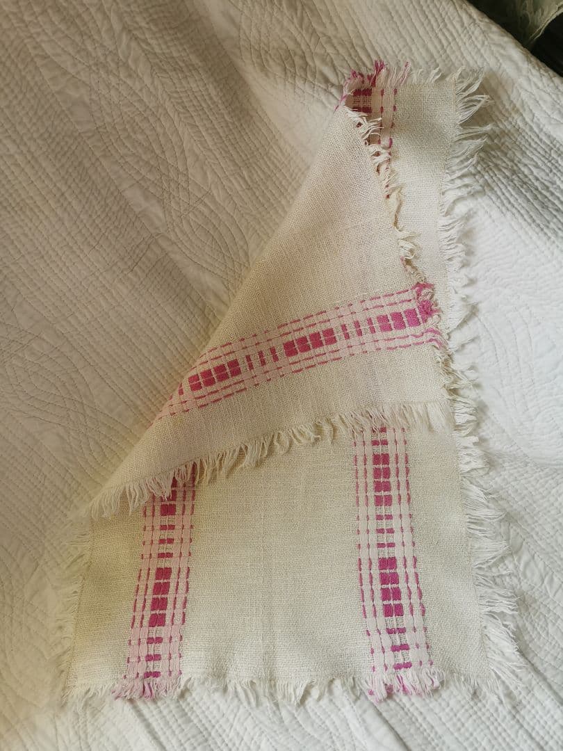 ヴィンテージ フランス ラズベリー桜ピンク織刺繍 プレイスマット リネンランナー