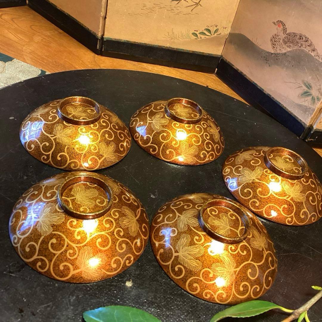 A1033 木製輪島塗　懐石道具　総梨地　松葉唐草　蒔絵　吸物椀　　5客