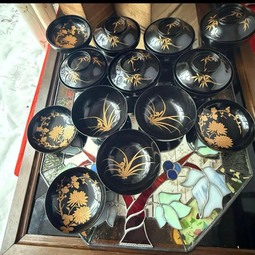 2234様感謝‼️かろやかJAPAN時代蒔絵 豪華四君子富士山形吸物椀　春蘭7客