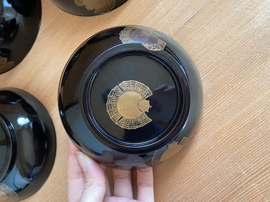 能登に伝わる古民芸 黒漆 福良雀蒔絵 お椀 2客 / 黒塗 漆器椀 蒔絵椀