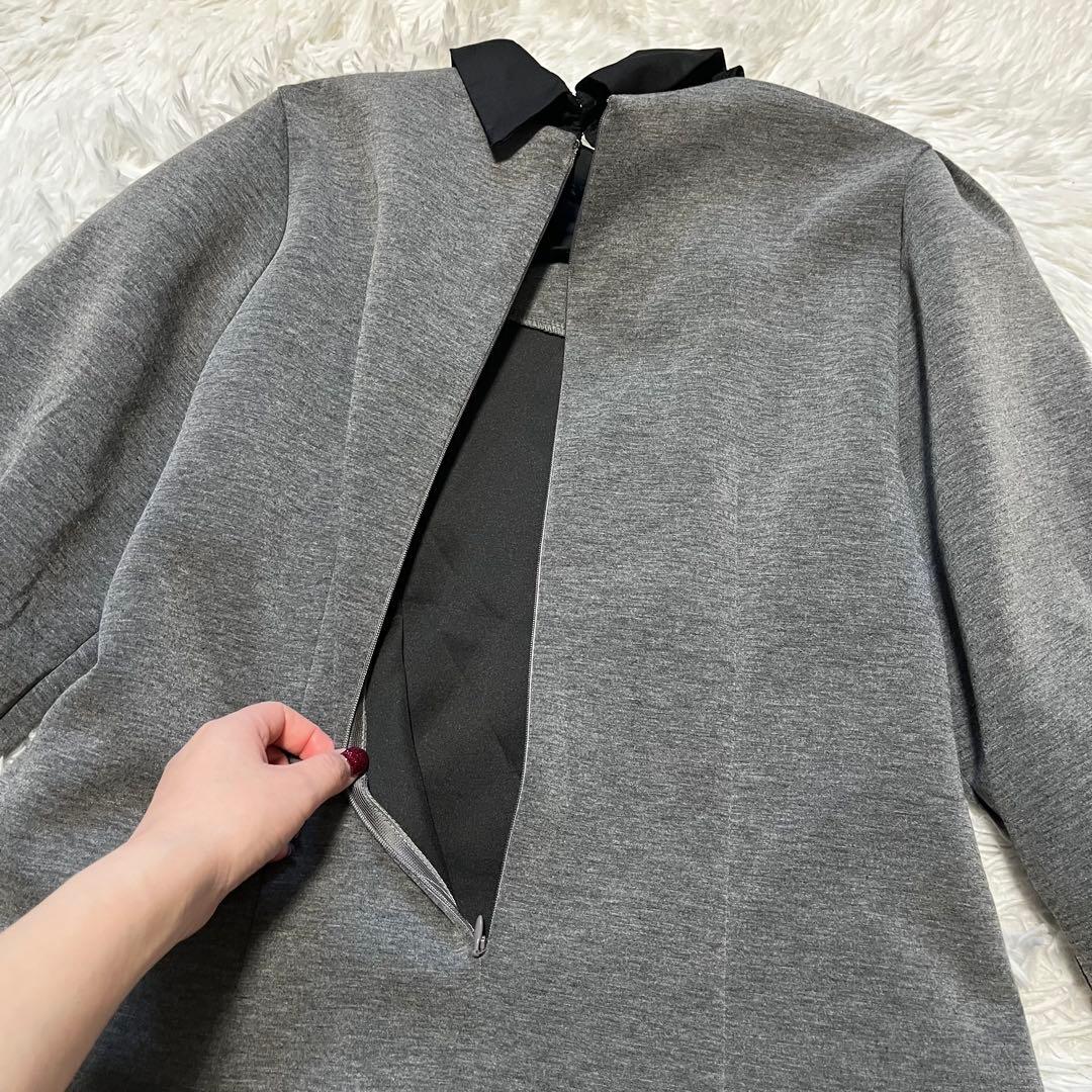 極美品 ストラ 2way 衿取り外しパール付き ワンピース フレア グレー 40