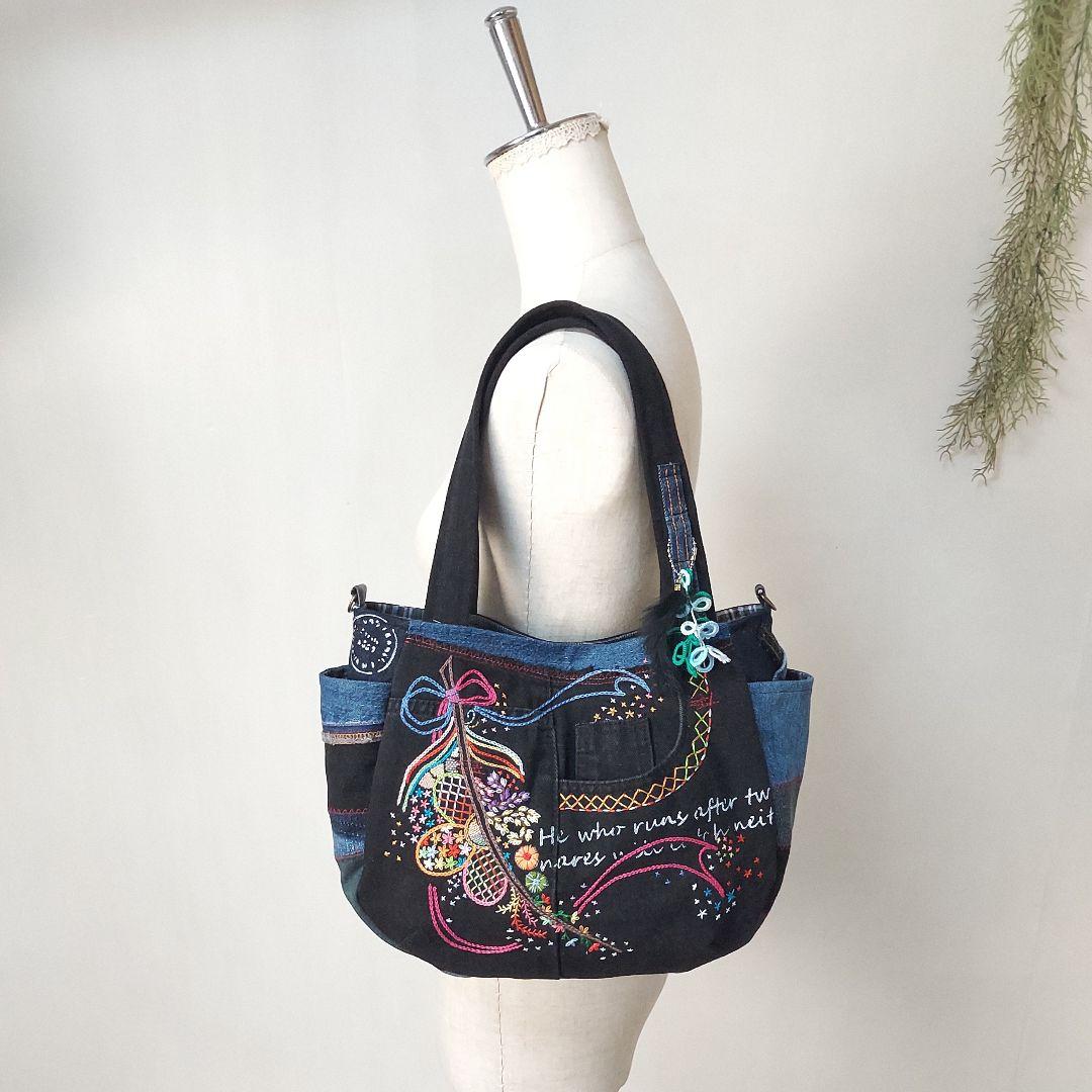 【ふはち】刺繍デニムバック　No.655　ショルダーベルト