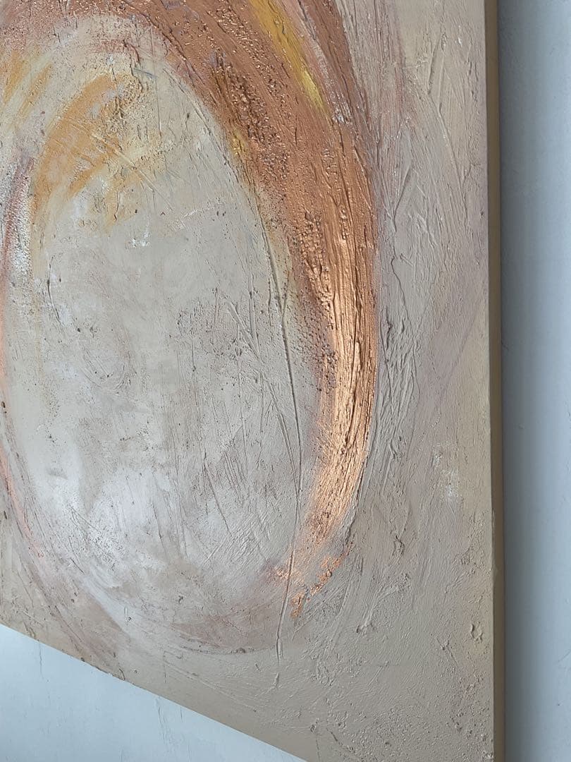 木製ベニヤパネルに描いたオリジナル抽象画オーバルシリーズ ベージュ系×ゴールド