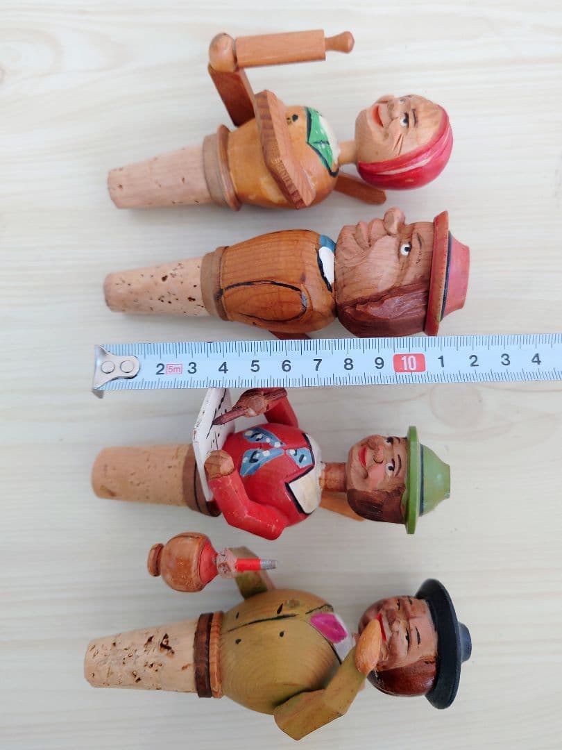 アンティーク　木彫り　人形からくり ボトルストッパー　4個