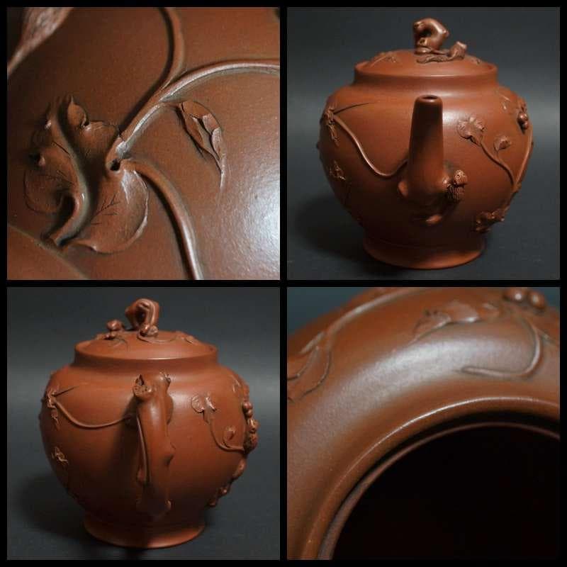 煎茶道具 萬寶款 粟鼠葡萄壺 細工彫り 後手紫砂壺 万宝造朱泥 急須茶器 茶道具