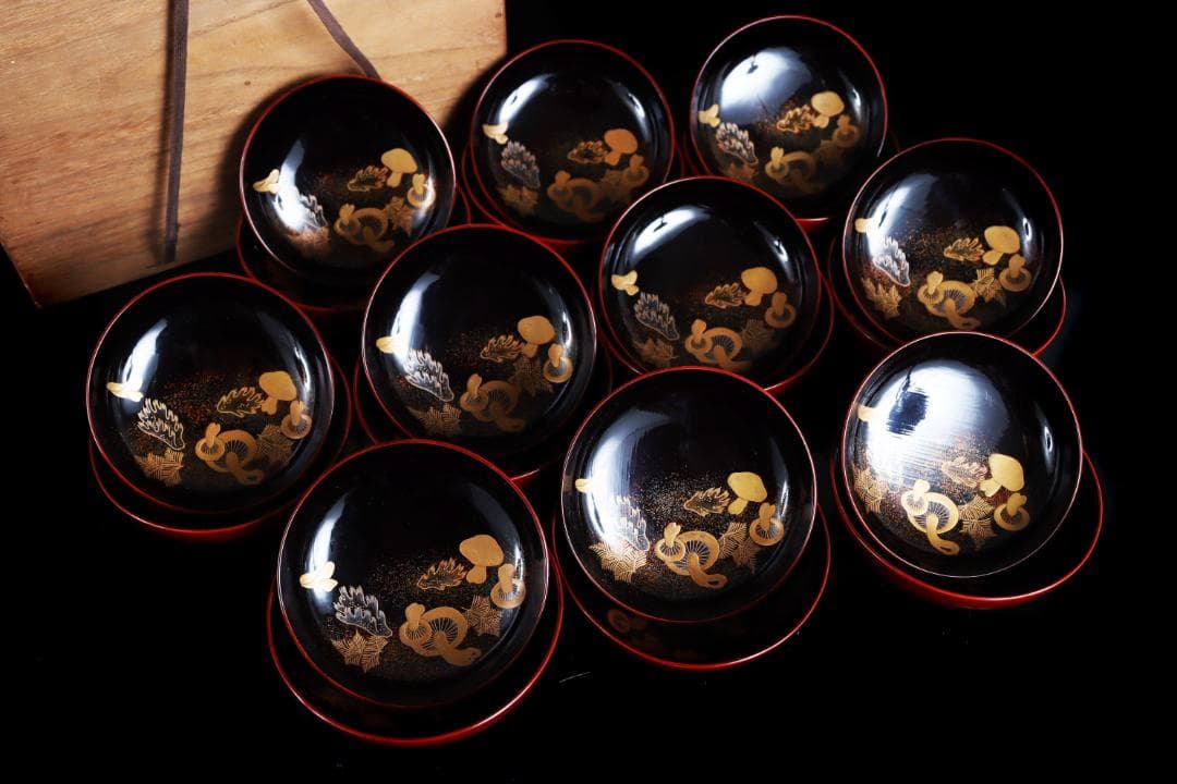 茶道具 見返松茸 蒔絵 吸物椀 十客 木箱 共箱　木製漆器