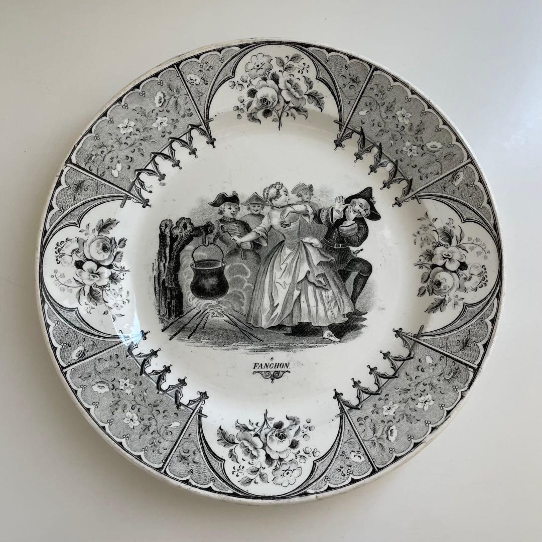 [希少]フランス アンティーク クレイユモントロー グリザイユ平皿Fanchon